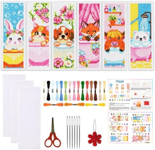 ORIGACH 6 Set Bathtime Animals Cross Stitch Bookmark Kit for Beginner by ORIGACH