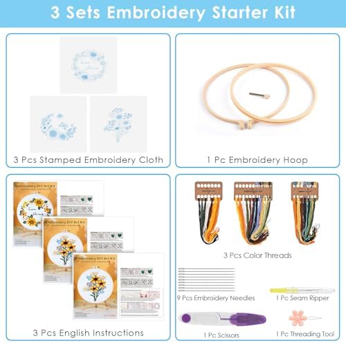 ERKOON 3 Sets Embroidery Kit, Floral Cross Stitch Set for Include Embroidery Cloth Hoops Threads for Craft Lover Hand Stitch (Sunflower) - Image 3