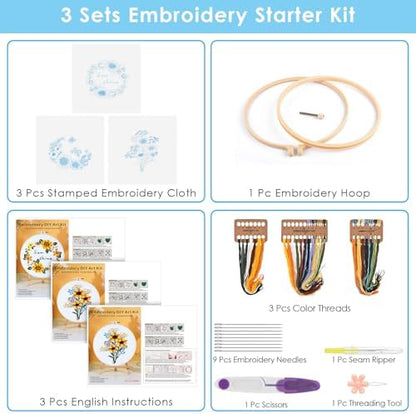 ERKOON 3 Sets Embroidery Kit, Floral Cross Stitch Set for Include Embroidery Cloth Hoops Threads for Craft Lover Hand Stitch (Sunflower) - Image 3