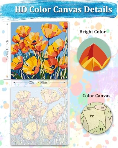 TOCARE Framed Paint by Numbers Kit for Adults, Orange Poppy Paint by Number Framed, Adult Paint by Number Kits on Canvas Framed Flowers for Home Wall Decor (10x10 Inch, Without Easel) - Image 2