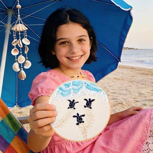 Embroidery Kit for Beginner Adults, Stamped Cross Stitch kits for Adults Beginners, Ocean Hand Embroidery Starter Needlepoint Kit, 2 Set Embroidery Supplies, 2 Hoops (Attached Teaching Video QR Code) - Image 5