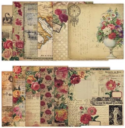 Vintage Scrapbook Paper 12 ×12 - 24 Sheets Double-Sided Rose Pattern Paper Junk Journal Scrapbooking CardStock Papers Supplies for Holiday Cardmaking DIY Decorative Craft Papers. by iKammo