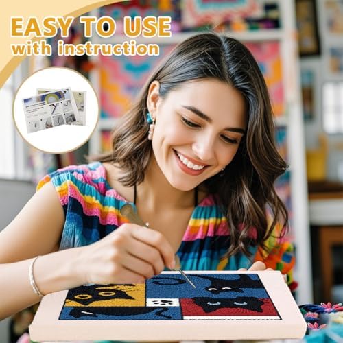 DOODLREAM Color Black Cat Needle Kit for Beginner, 9.4"x 9.4" Modern Pet Punch Stitching Craft Set, DIY Embroidery Starter with Printed Frame, Instruction, Threader, Yarn, Punch Needle - Image 3