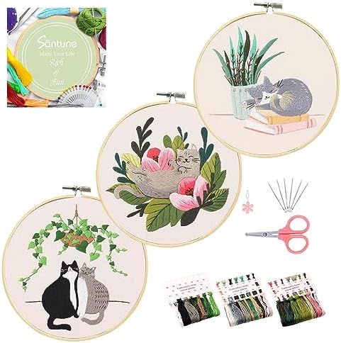 Santune 3 Pack Embroidery Kit for Beginners with Pattern, Cross Stitch Kits for Adults with Instructions,Needlepoint Kits for Adults Include 1 Embroidery Hoops,Color Threads and Needles(Cat) by Santune