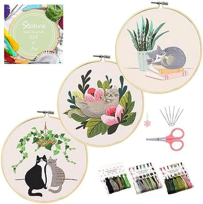Santune 3 Pack Embroidery Kit for Beginners with Pattern, Cross Stitch Kits for Adults with Instructions,Needlepoint Kits for Adults Include 1 Embroidery Hoops,Color Threads and Needles(Cat) by Santune