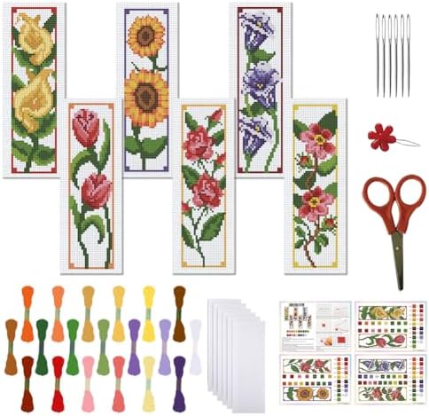 FREEBLOSS 6 Set Cross Stitch Bookmark Kits 11CT 8"x2.4" 6 Flowers Design by FreeandCreativeCraftsArt