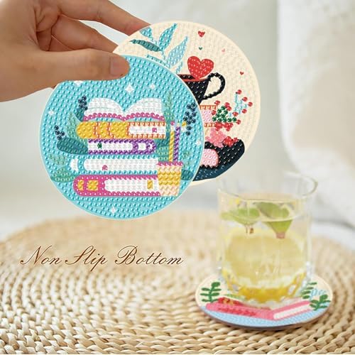8 Pcs Book Diamond Art Coasters Kit for Adults, Book Lovers Wooden Coffee Diamond Painting Coasters with Holder, 5D Gem Art Dots Painting Coaster with Cork Pads - Crafts Supplies for Home Decor - Image 2