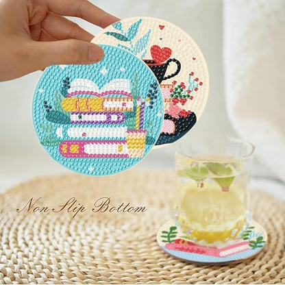 8 Pcs Book Diamond Art Coasters Kit for Adults, Book Lovers Wooden Coffee Diamond Painting Coasters with Holder, 5D Gem Art Dots Painting Coaster with Cork Pads - Crafts Supplies for Home Decor - Image 2
