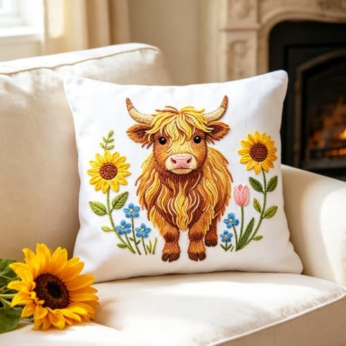 BEUNITONE 4pcs Embroidery Kit, Highland Cow & Sunflowers Stamped Embroidery Kits with Hoop, Thread & Needles, Colorful Cross Stitch Kits Sewing Gifts for Adults and Beginners, DIY Craft for Relaxation - Image 7