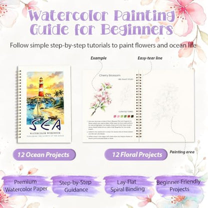 2 Pack Watercolor Workbooks for Beginners with 24 Paint Colors & Pens - Image 2