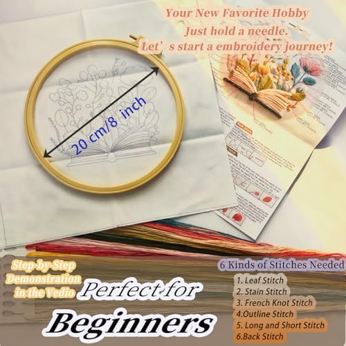 FONNUY Embroidery Kit for Beginners, Flower Book Pre-Stamped Pattern Kits for Adults with Hoop, Cross Stitch Easy to Follow Color Thread Needlework, 8'' Hoop (Green) - Image 5