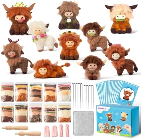 WATINC Highland Cow Needle Felting Kit - Set of 10 Different Highland Cow Doll Wool Felt Needle Felting Tools Foam Pad, DIY Home Decoration Needle Felting Craft Party Supplies for Beginners (30Pcs) by WATINC