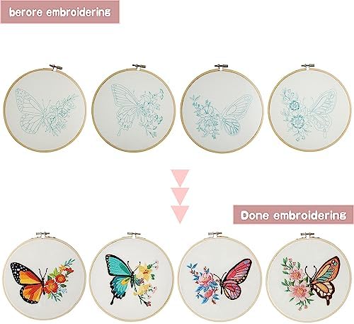 Bonroy 4 Sets Embroidery Kit for Beginners,Embroidery Art Craft Handy Sewing Include Clothes with Pattern,Embroidery Hoops, Instructions,Color Threads Needle (Butterfly) (CX-55) - Image 3