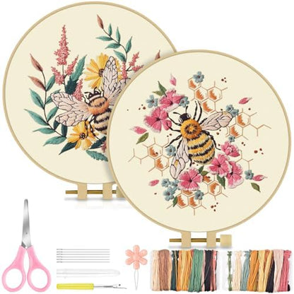TINDTOP 2 Pack Embroidery Kit for Adult, Embroidery DIY Starter Kit, with Stamped Patterns, Hoop, Tools, Colorful Threads with Needles, Instructions (Bee) by TINDTOP