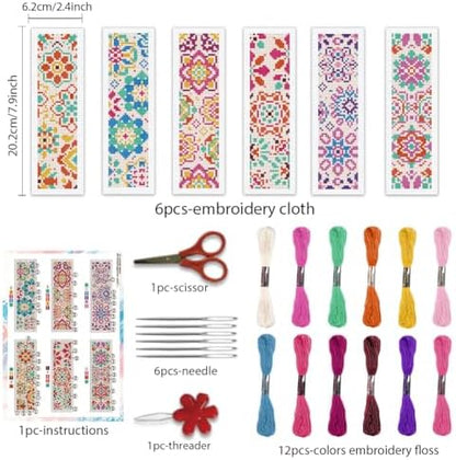 BEUNITONE 6 Pcs Mandala Cross Stitch Bookmark Kits for Beginners DIY Stamped Embroidery Bookmark Kit Colorful Floral Punch Needle Set with Instructions Craft Kit for Book Lover Gifts 8''x2.4'' - Image 2