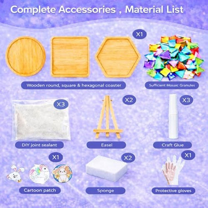 GHAHILI 3 Sets DIY Mosaic Kits for Adults Women Glass Mosaic Tiles for Crafts with Wooden Coasters Mosaic Art Kits Craft Mixed Color Handmade Making Kit Set Decorations for Home Gifts - Image 4