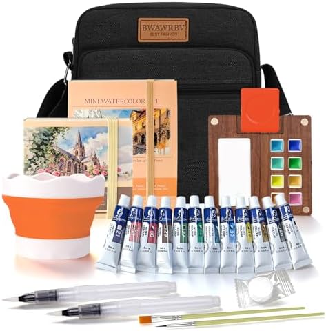 Mini Watercolor Paint Set Travel, Portable Pocket Watercolor Kit with Wooden Palette,Colours,Sketchbook, Brush&Water Cup,Clip.Complete Artist Supplies From Beginner Watercolors to Seasoned Pro Needs by Unknown