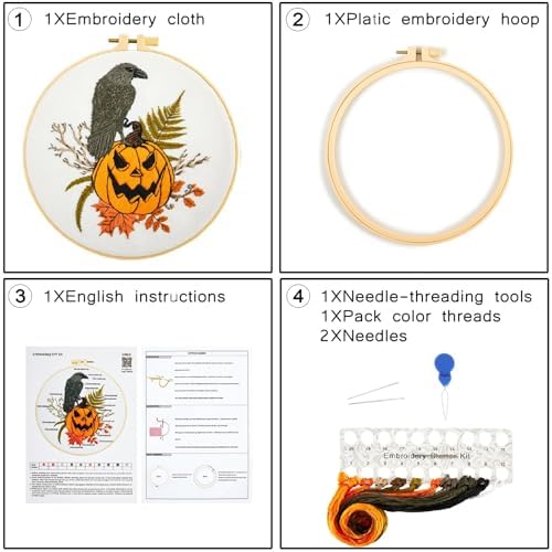 Crafmanoe Halloween Embroidery Starter Kits for Beginners Adults, Fall Pumpkin Stamped Cross Stitch Kits for Beginners Adults, Crow Gothic Embroidery Needlepoint Kits, Hoops, Fabric and Video Tutorial - Image 2
