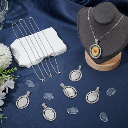 24Pcs 6 Sets Bezel Pendant Making Kit Oval Blank Bezel Pendant Trays with Glass Cabochons Pendant Trays Rhinestone Double Sided Rotatable Charm for Jewelry Making Supplies DIY Necklace Adults - Image 4