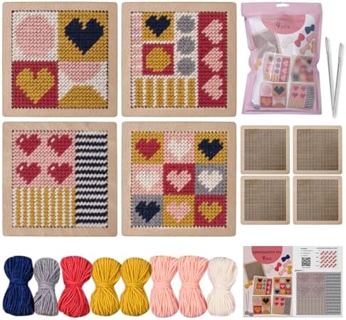 Yushen 4Pcs Heart Coaster Needlepoint Kit for Adult Cross Stitch Kits DIY Adults Needlepoint Embroidery Set No Patterns Stamped Embroidery Needles Threads Crafts (Love) by YUSHENCrafts