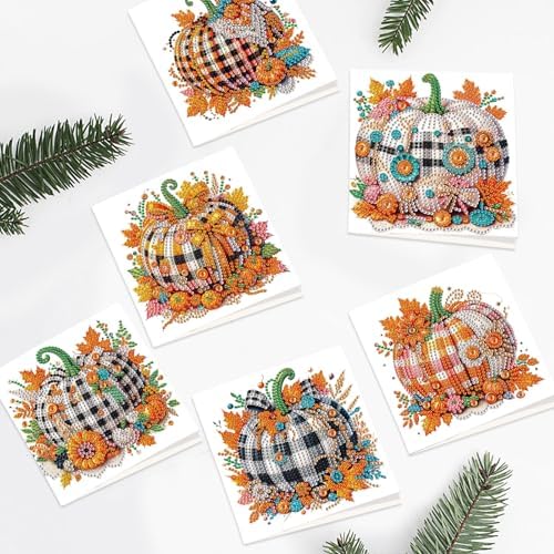 6-Pack Autumn Pumpkin Diamond Art Greeting Cards with Envelopes – DIY 5D Diamond Painting Kits for Adults, Creative Fall Thanksgiving Greeting Card Set, Rhinestone Craft Kits, Handmade Holiday Cards - Image 5