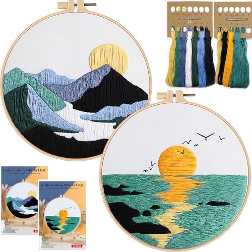 FONNUY 2 Set Embroidery Kit DIY for Adult Beginner, Pre-Stamped Patterns Mountain Sea Embroidery Kits with Hoop, Colored Threads and Needles, Easy to Follow Needlework (Blue) by FONNUY