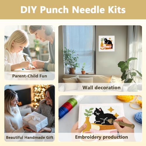 Doodlream Cat on Books Needle Kit for Beginner, 9.4"x 9.4" Coffee and Plant Punch Stitching Craft Set, Color DIY Embroidery Starter with Printed Frame, Instruction, Threader, Yarn, Pinch Needle - Image 4