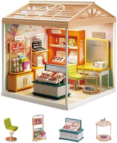 Kisoy DIY Miniature House Kit, Tiny House Kit with Furniture and LED Light, Mini Blocks Model Kit Sets, DIY Crafts/Hobbies Toys for Adults（Beauty Store） by Kisoy