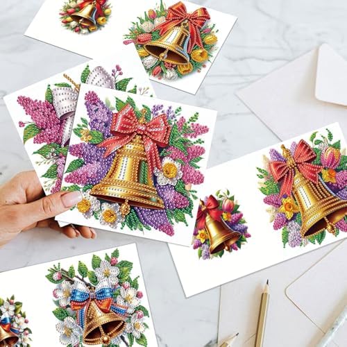 jinglinhh 6pcs Christmas Bell Lavender Tulip Flower Diamond Art Painting Greeting Cards with Envelopes, DIY Card Making Kits for Adults, Diamond Art Postcards Christmas Cards Craft Gifts - Image 3