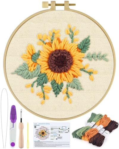 ERKOON Punch Needle Kit Beginners Adults, DIY Easy Flower Embroidery Set for Starter Art Craft, Needling Punching Project with Patterns, Tools, Yarns, Hoop, Instruction (Yellow Flowers) by ERKOON