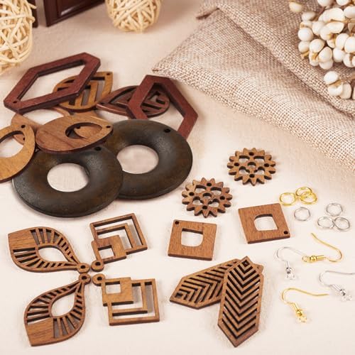 EEE ELECRELIVE 10 Pairs Wooden Dangle Earring Making Kit Wood Charms Teardrop Leaf Gear Rhombus Wooden Pendants with Earring Hooks Unfinished Wood Pendants for Bohemian Jewelry - Image 6