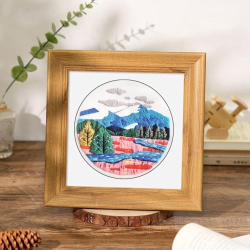 Esffaci Embroidery Starter Kit for Adult Beginner with Mountain Landscape Tree Flower Scenery Pattern Hand Embroidery Set with Embroidery Cloth Floss Hoop Needle Threader and Instruction - Image 3