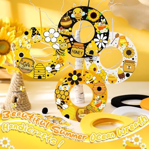 32 Sets Bee Wreath Crafts Kits DIY Summer Felt Bee Wreath Hanging Ornaments with Sunflower Honey Flower Gnome Hive Stickers Crafts Make Your Own for Home Summer Party Decor - Image 6