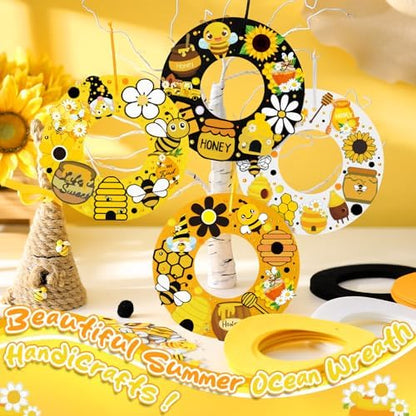 32 Sets Bee Wreath Crafts Kits DIY Summer Felt Bee Wreath Hanging Ornaments with Sunflower Honey Flower Gnome Hive Stickers Crafts Make Your Own for Home Summer Party Decor - Image 6