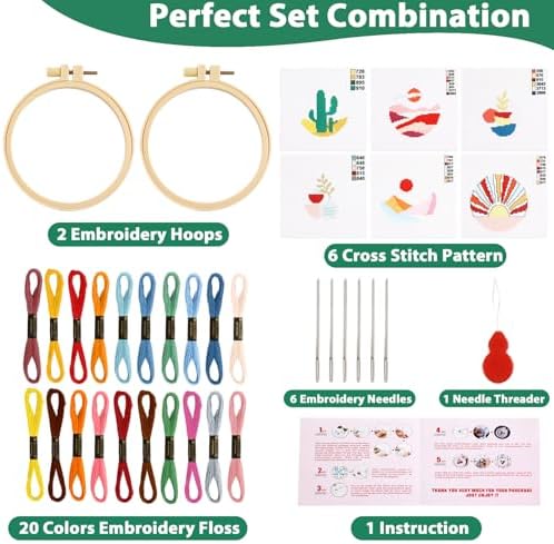 ZOIIWA 6PCS Cross Kits for Beginners DIY Embroidery Kit for Adults Boho Cross Kits Christmas Birthday Gift Abstract Landscape Needlepoint Patterns with 2 Embroidery Hoops Craft Supplies - Image 2