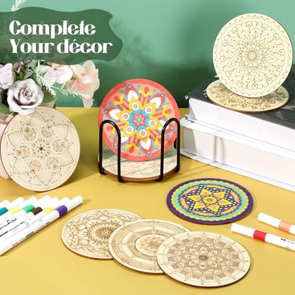 Reallnaive 45 Pcs Wooden Coaster Painting Kit, 10 Mandala DIY Markers - Image 5