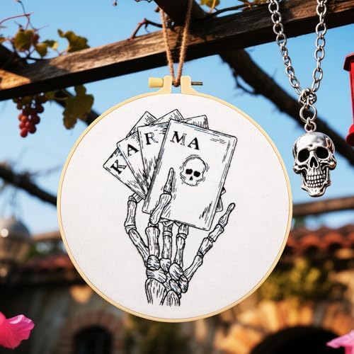 Gothic Tarot Embroidery Kits for Beginners Adults, Halloween Hand Bone Embroidery Starter Kits, Skull Cross Stitch Kits for Beginner Adults Hobbies for Women, Embroidery Fabric, Hoops & Video Tutorial - Image 3