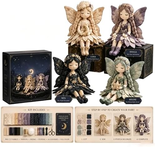 Fairy Patchwork DIY Collection, Flower Fairies Sewing Kit for Adults & Beginners, Make 4pcs Fabric Fairy Dolls with Pre-Cut Materials, Handmade DIY Craft Gift & Home Decor (Moonlight Fairies) by Unknown