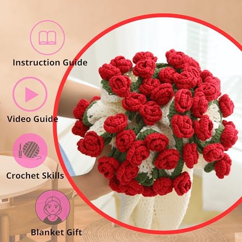 Yoyo Crocheted Rose Blanket Kit for Beginners, 40 inches Flower Bouquet Shawl Kits for Adults, Learn How to Knit with Yarn, Hook & Instructions, DIY Gifts for Women (Red Rose Bouquet Blanket Kits) - Image 4