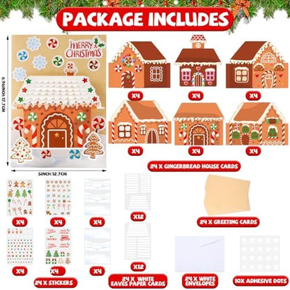 ojustbeok 24 Sets Christmas Gingerbread Craft Kit for 3D Gingerbread House Card Making Your Own Festive Winter Greeting Cards Xmas DIY Card Crafts for Holiday Home Art Crafts Supplies - Image 2