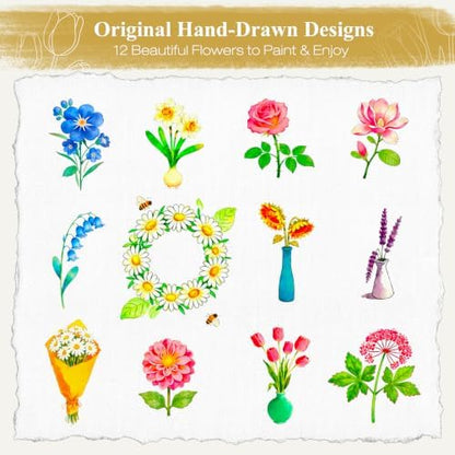 Creazic Watercolor Workbook for Beginners, Floral Water Coloring Book, 16 Sheets, 140lb/300gsm Cold Press Watercolor Paper, Step-by-Step Watercolor Guide for Stress Relief & Fun Painting (Book Only) - Image 7
