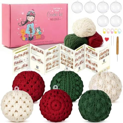 Syhood Christmas Crochet Kit with 6 Pcs 2.76" Clear Fillable Ball Ornaments Red Green White Yarn Wood Hook Tools and Accessories for Christmas Gift Holiday Season Craft Tree Decor by Syhood