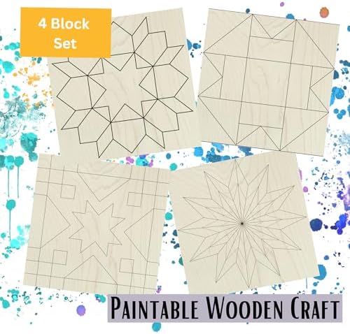 Set of 4 Coasters Small Barn Quilt Kit DIY Pattern Unfinished Wood Quilting Block Sign Paintable Art for Adults and Kids (Starburst, Aesthetic Triangles, Cottage Chic Star, Swoon,) - Image 3