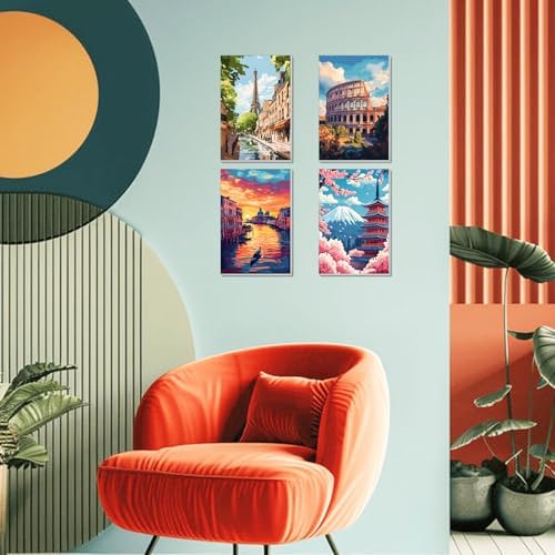obterie 4 Pack Framed Paint by Numbers Kit for Adults Beginner Canvas Painting by Numbers for Adults Landscapes Easy Adult Paint by Number Kits with Frame City Watercolor Painting by Number 8x12 Inch - Image 5