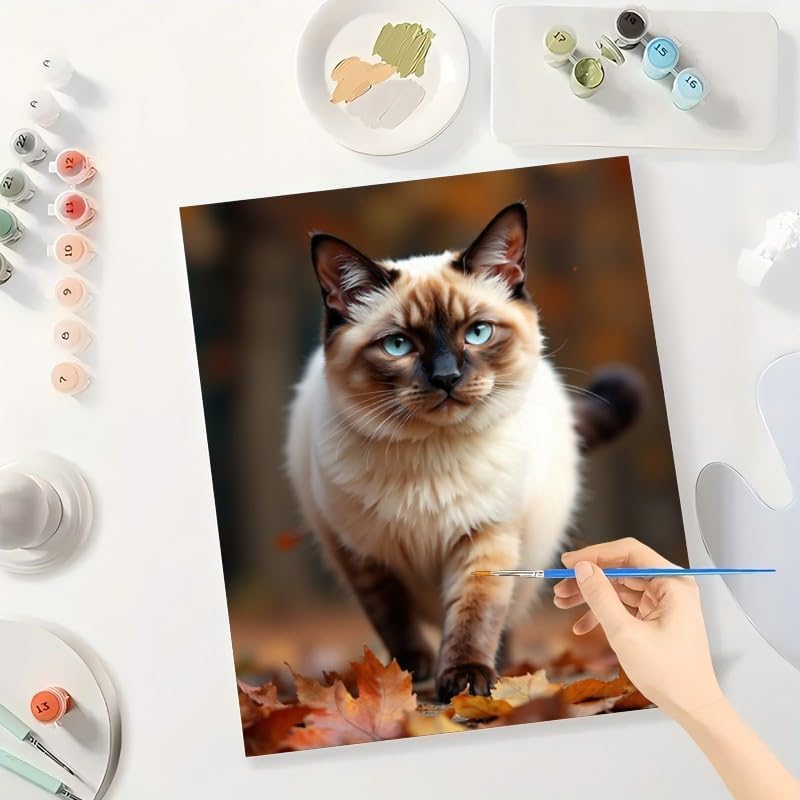 Autumn Siamese Cat Paint by Numbers Kit for Adults - DIY Fluffy Blue-Eyed Cat with Leaves Painting on Canvas 12x16In, Framed Acrylic Paint Set, Suitable for Beginners, Pet Art for Decoration - Image 3