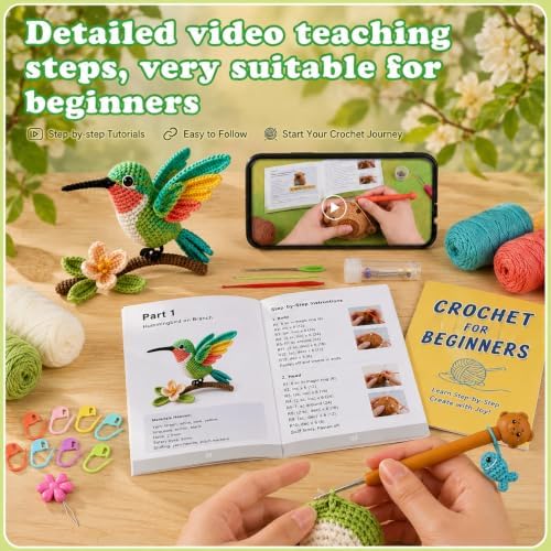 Beginner Crochet Kit for Adults & Teens, Hummingbird Amigurumi Crochet Kit with Flower Branch, Complete DIY Craft Supplies with Instructions, Bird Animal Starter Kit, Handmade Home Decor Gift - Image 2