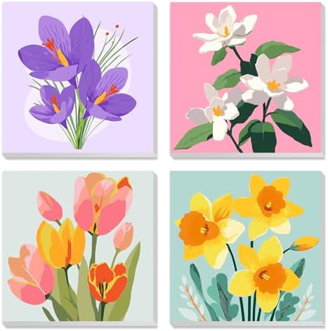 MXJSUA 4 Pack Tulips Flowers Framed Paint by Numbers Kit with Canvas for Adults Beginner, DIY Acrylic Oil Painting Kits with Brushes for Home Wall Decor Gift (8x8 inch) by MXJSUA-DiamondPaintingkits