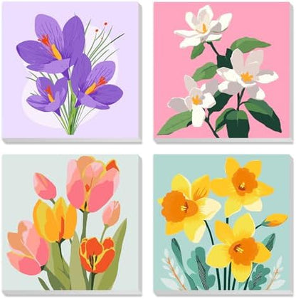 MXJSUA 4 Pack Tulips Flowers Framed Paint by Numbers Kit with Canvas for Adults Beginner, DIY Acrylic Oil Painting Kits with Brushes for Home Wall Decor Gift (8x8 inch) by MXJSUA-DiamondPaintingkits