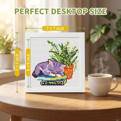 Sleepy Cat Greenery Stamped Cross Stitch Kits for Beginners with Framed - Image 3