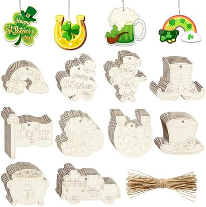 80PCS Wooden St. Patrick's Day Ornaments to Paint Shamrock Cutout Decorations,10 Styles DIY Blank Unfinished Wood Shamrock Cutouts Ornament for Tree Home Crafts Hanging, Hat Beer Gifts Indoor Spring by Sophena